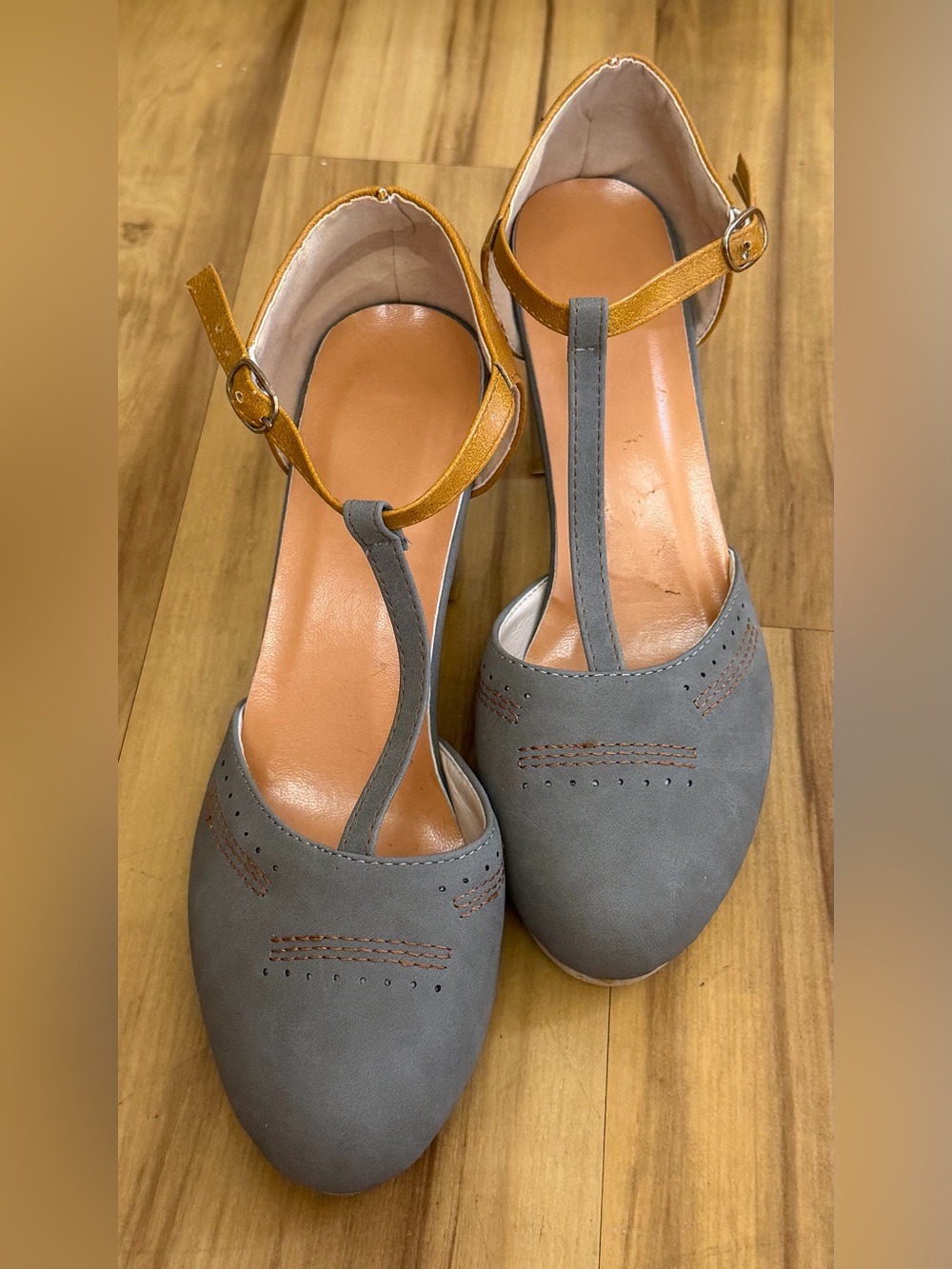 Rialto Gray T-Strap Mules with Mustard Ankle Straps - 9